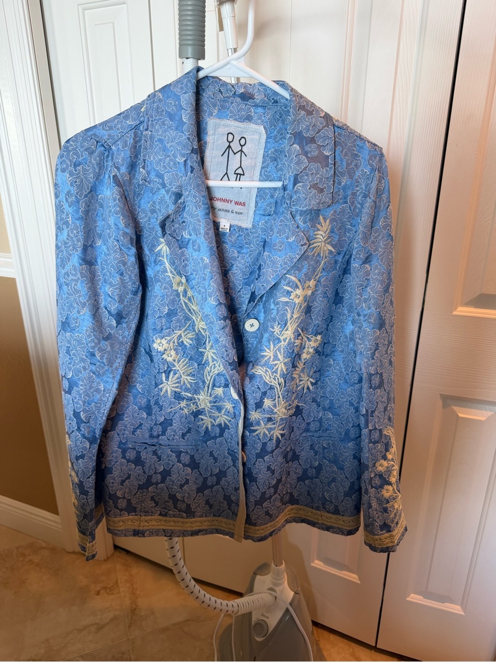 Johnny Was Blue Embroidered Floral Blazer with Cream Accents